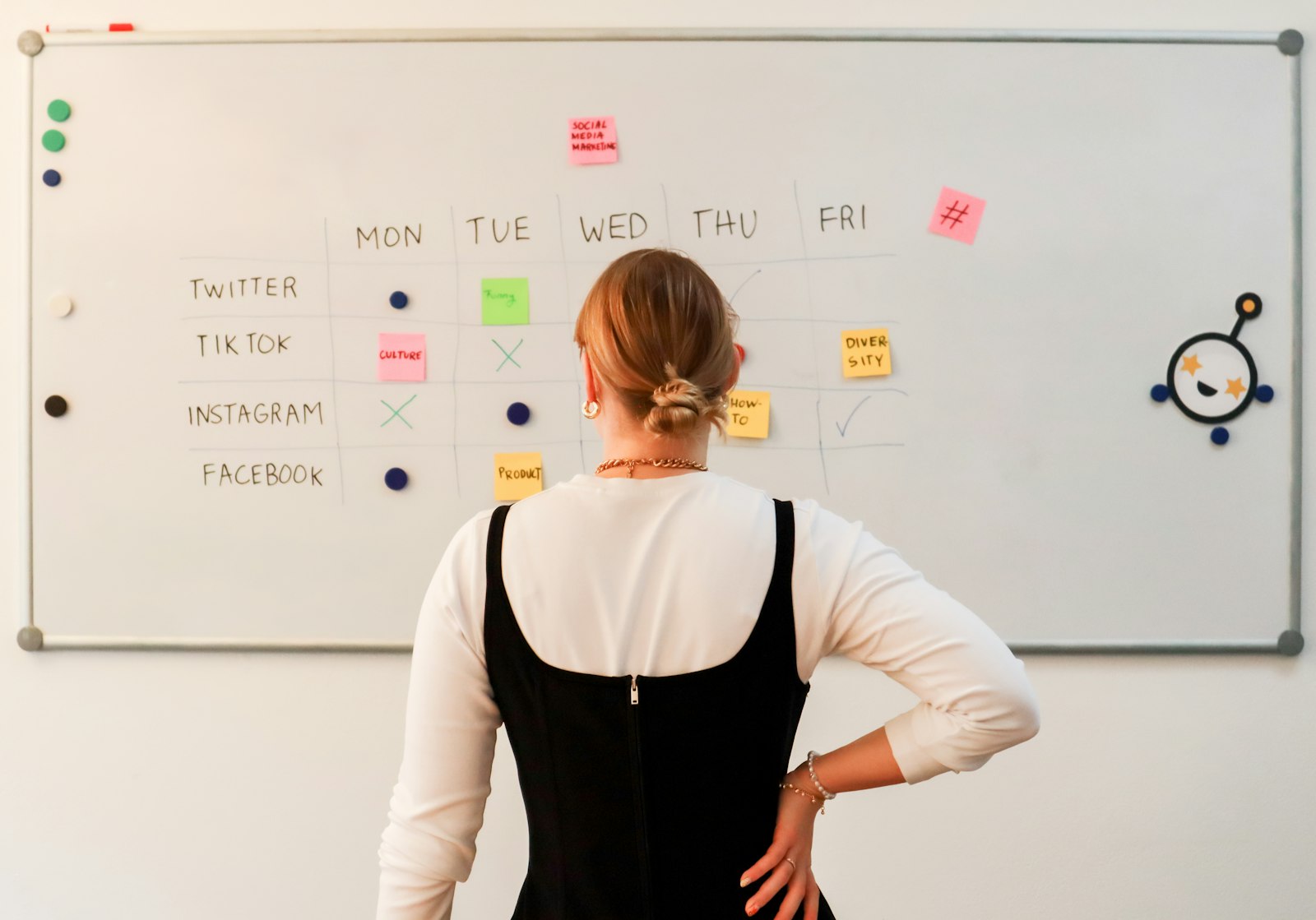KI-SEO-Agentur: Frau vor einem Whiteboard mit Haftnotizen bei der Strategieplanung