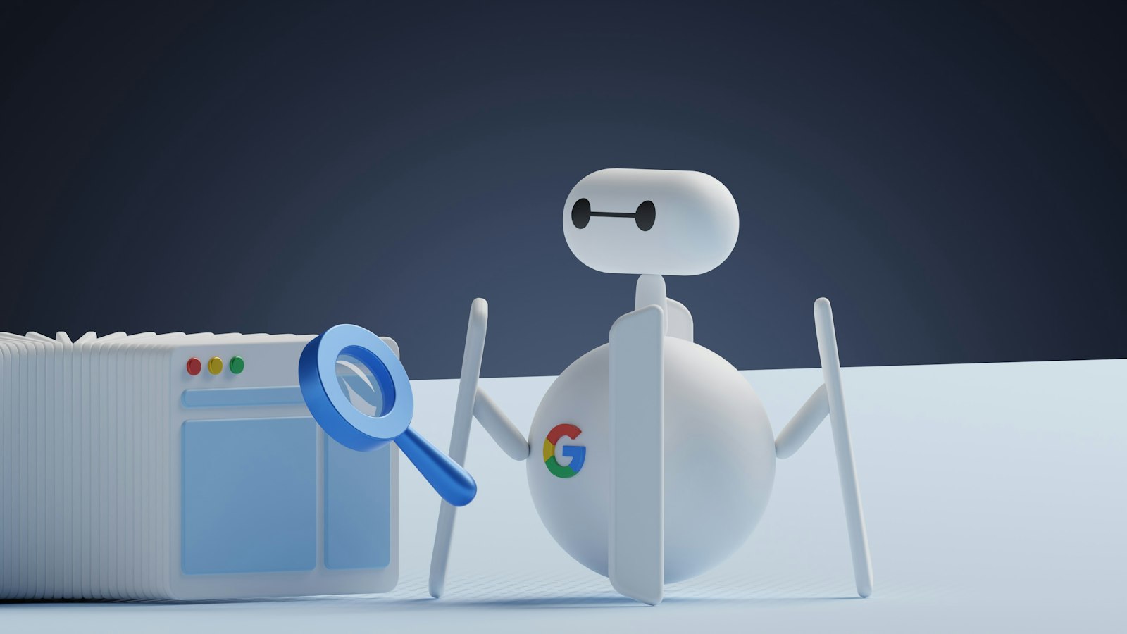 SEO-Mythen im Faktencheck: weißer Roboter mit Lupe neben einer Box