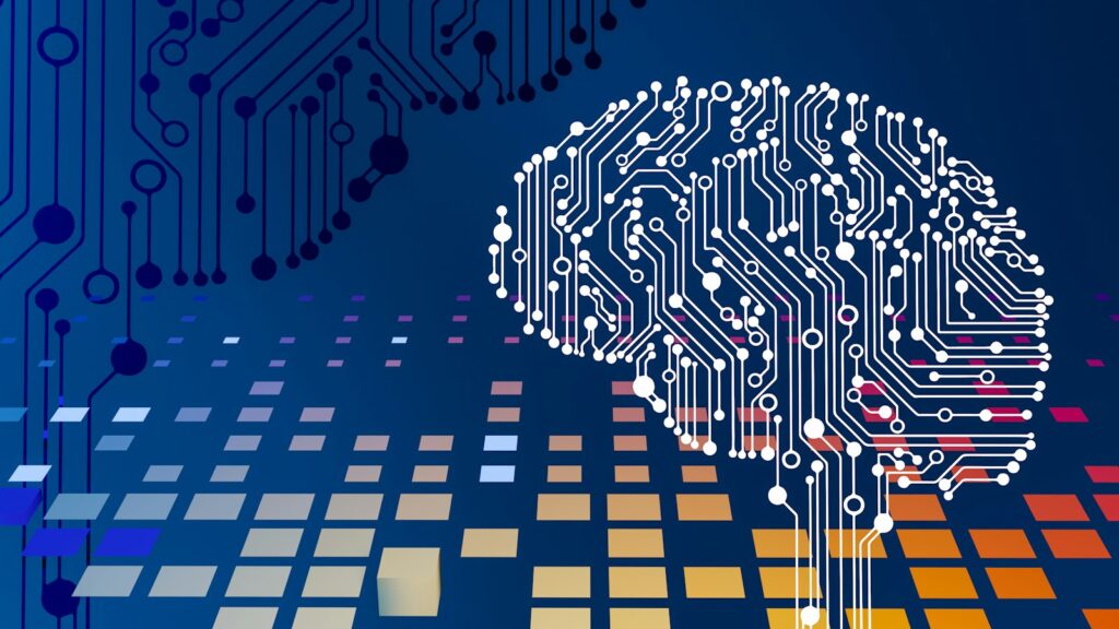 KI-Suche: Platine mit stilisiertem Gehirn als Symbol für künstliche Intelligenz