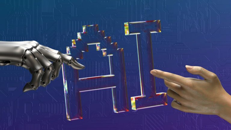 KI SEO: Roboterhand und menschliche Hand vor dem Schriftzug AI