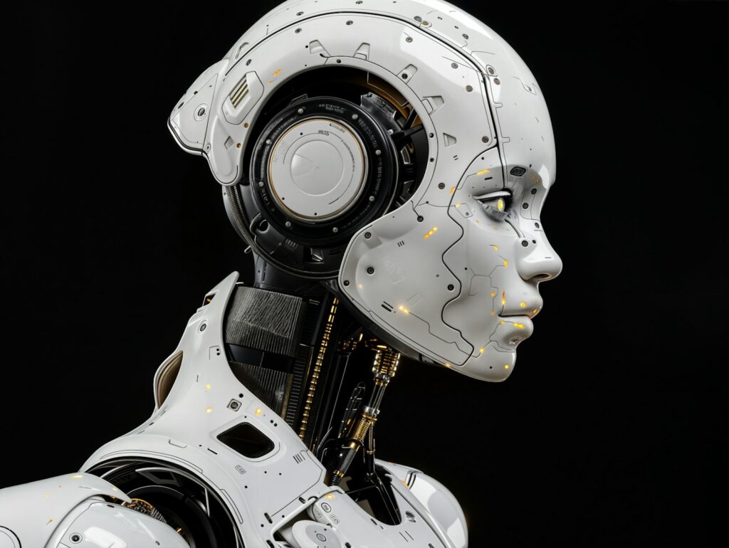Generative Engine Optimization: weißer Roboter vor schwarzem Hintergrund