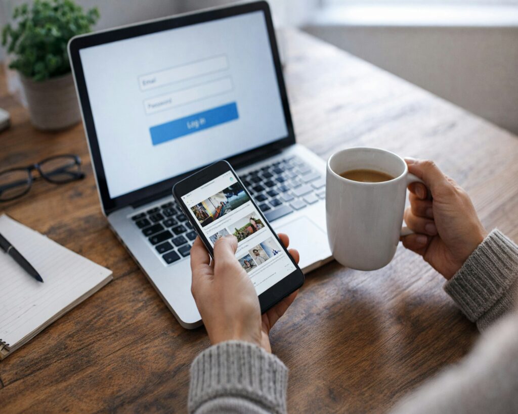 Newsletter Tools im Vergleich: Person mit Smartphone vor Laptop und Kaffee