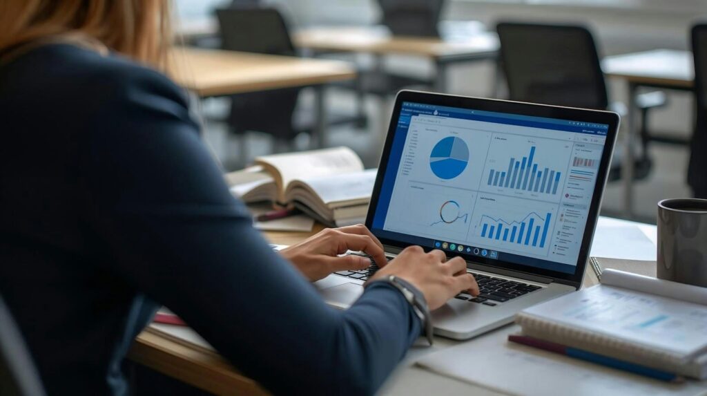 Sistrix-Alternativen: Frau analysiert Diagramme und SEO-Daten am Laptop